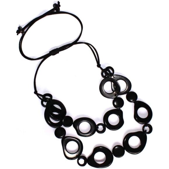 Bold Black Bib Necklace with Beaded Tagua Nut Cascades and Sliding Knot - Picture 6 of 7